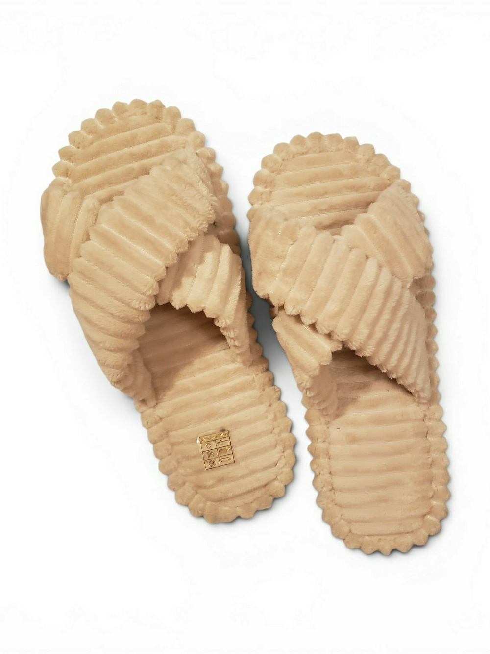 Khaki plush slippers sz 8 with a stylish criss-cross strap design. New